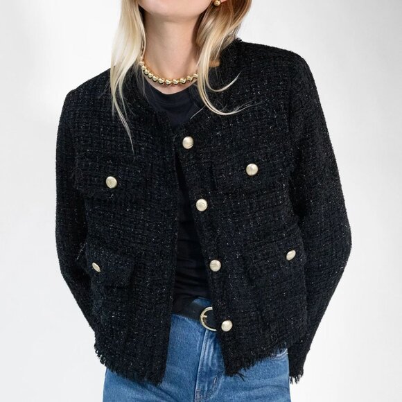 Women Black Tweed Buttons Front Top Jacket - Picture 7 of 7